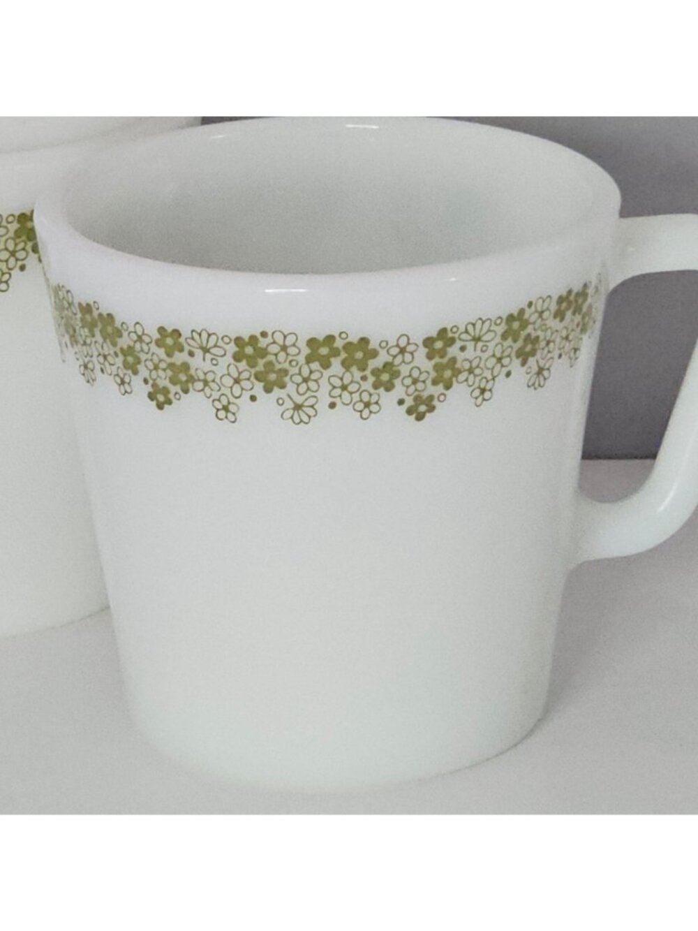 3 Corelle Spring Blossom Green Mugs by Pyrex Vintage Milk Glass Coffee Cups 80s - Picture 2 of 6